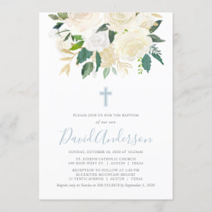 Convites Dusty Blue Cross com Cream Florals, Boy Baptism