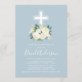 Convites Dusty Blue Cross com Cream Florals, Menino Batismo