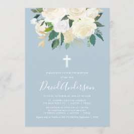 Convites Dusty Blue Cross com Cream Florals, Menino Batismo