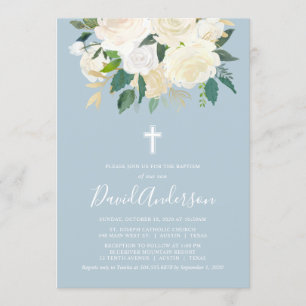 Convites Dusty Blue Cross com Cream Florals, Menino Batismo