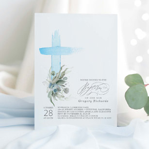 Convites Dusty Blue Cross e Sage Greenerant Baptism Elegant