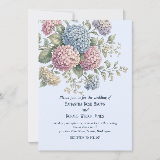 Convites Dusty Blue Delicate Hydrangea Flowers Wedding (Frente)