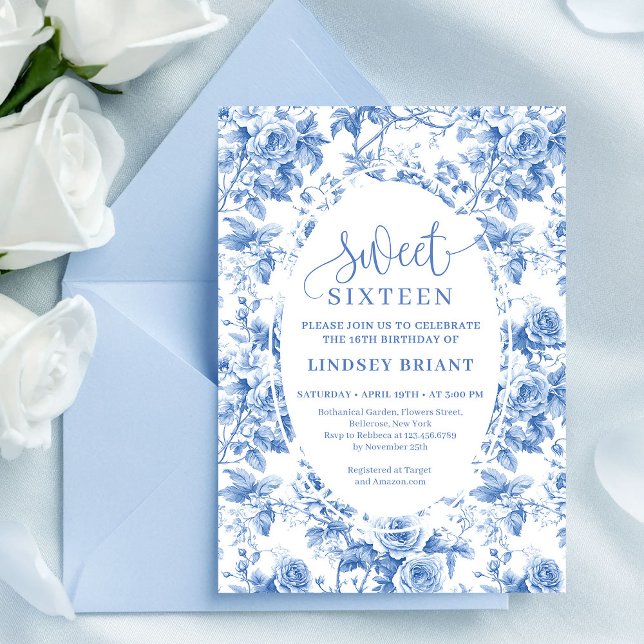 Convites Dusty Blue Digital Floral Sweet 16 Birthday Card (Dusty Blue Digital Floral Sweet 16 Birthday Card)