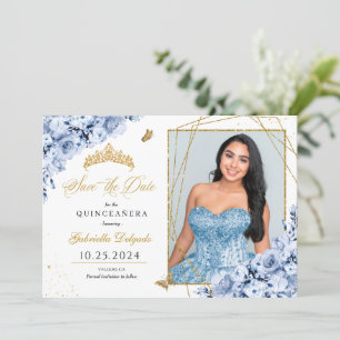 Convites Dusty Blue & Dourado Quinceañera Salve A Foto Da D