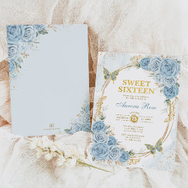 Convites Dusty Blue Dourado Rosas Doce Dezesseis Aniversári