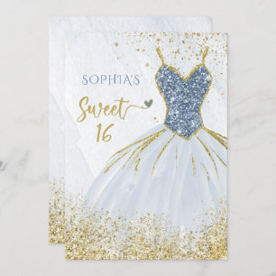 Convites Dusty Blue Dourado Sparkle Dress 16 anos