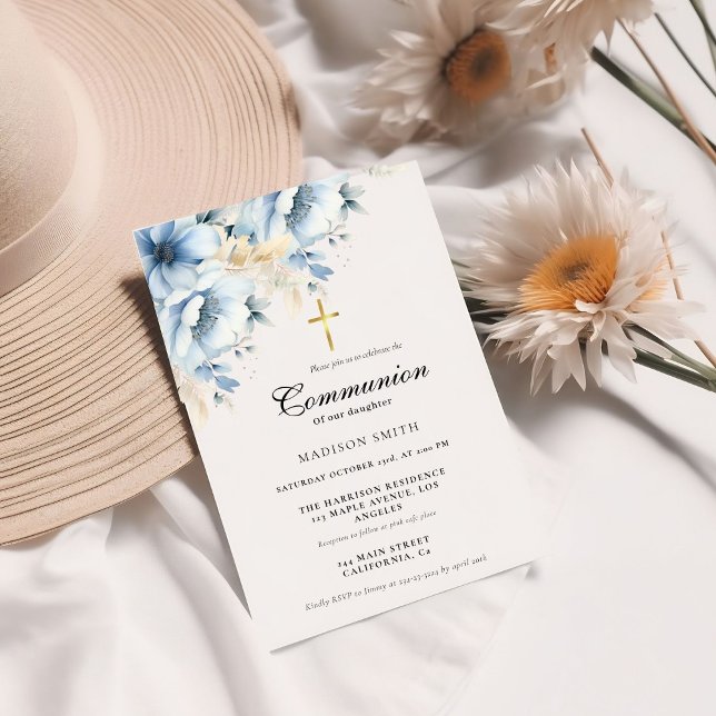 Convites Dusty Blue Dourado Wildflower Primeira Comunhão Sa (Criador carregado)