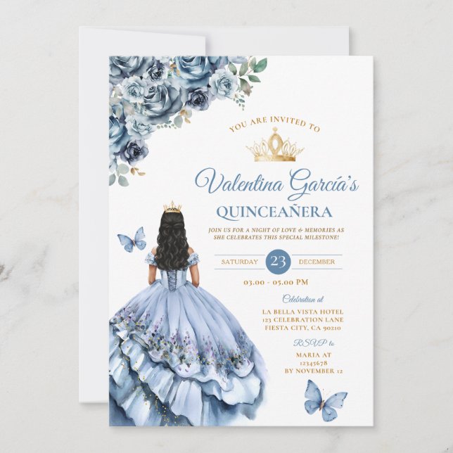 Convites Dusty Blue Dress Quinceañera 15 Anos Flores Dourad (Frente)