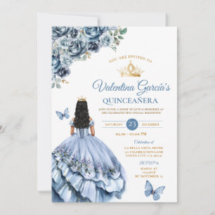 Convites Dusty Blue Dress Quinceañera 15 Anos Flores Dourad
