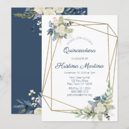 Convites Dusty Blue e Cream Floral Quinceañera Aniversário