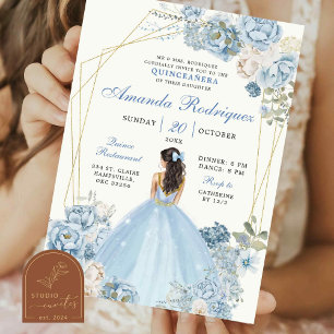 Convites Dusty Blue e Dourada Coroa Real Princesa Mexicana