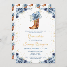 Convites Dusty Blue e Dourado Boot Floral Quinceañera