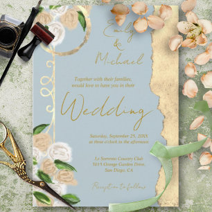 Convites Dusty Blue e Dourado Casamento Floral de Boho Russ