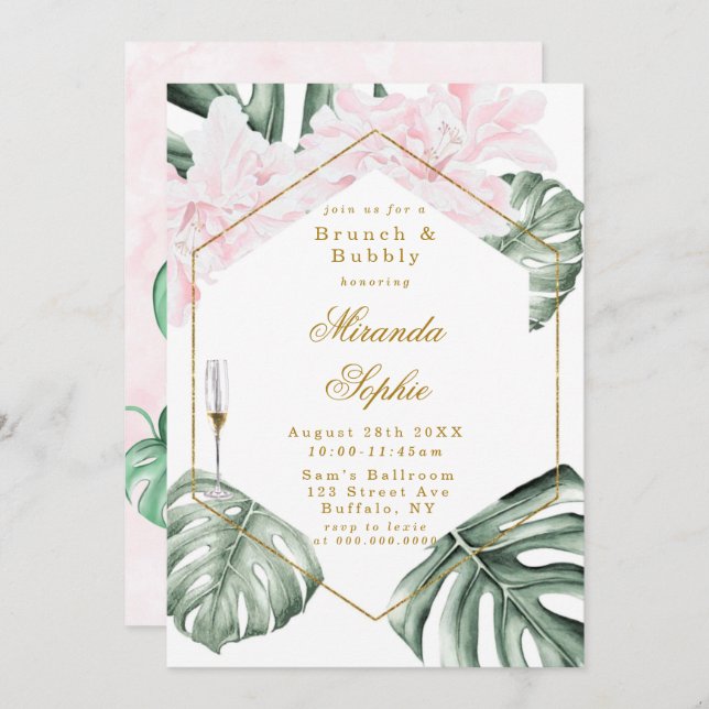 Convites Dusty Blue e Dourados Berry Brunch e Bubbles Invit (Frente/Verso)