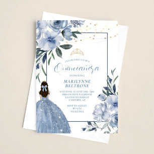 Convites Dusty Blue e Floral Dourado Quinceañera