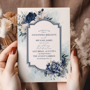 Convites Dusty Blue e Marinho Floral Elegante Casamento