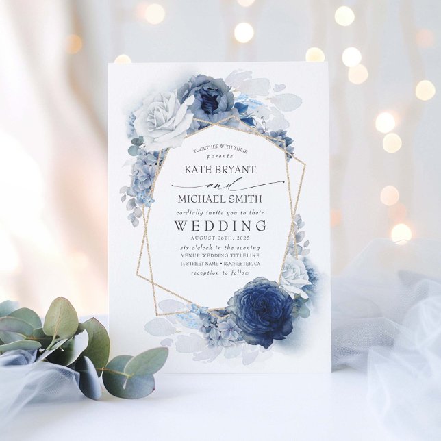 Convites Dusty Blue e Marinho Floral Elegante Casamento (Elegant Floral Dusty Blue Wedding Invitation)
