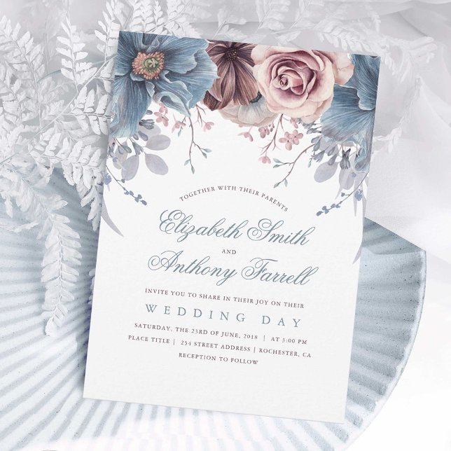 Convites Dusty Blue e Mauve Watercolor Casamento Floral (Dusty Blue and Mauve Romantic Floral Wedding Invitations)