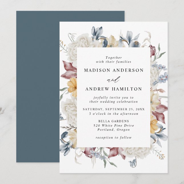 Convites Dusty Blue e Mauve Wildflower Meadow Wedding (Frente/Verso)