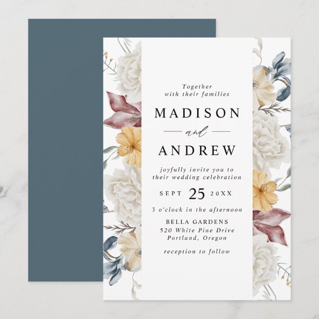 Convites Dusty Blue e Mauve Wildflower Meadow Wedding (Frente/Verso)