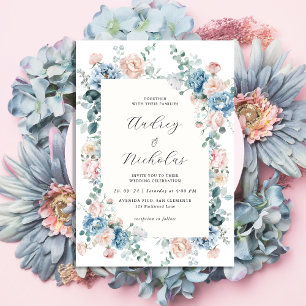 Convites Dusty Blue e Peach Elegant Floral Wedding