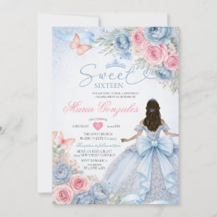 Convites Dusty Blue e Rosa Floral Princesa Sweet Sixteen