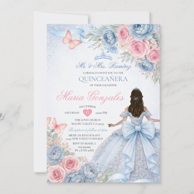 Convites Dusty Blue e Rosa Princesa Borboleta Quinceañera (Frente)