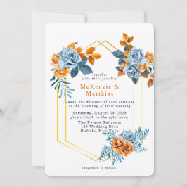 Convites Dusty Blue e Rusty Peony Casamento Dourado Floral