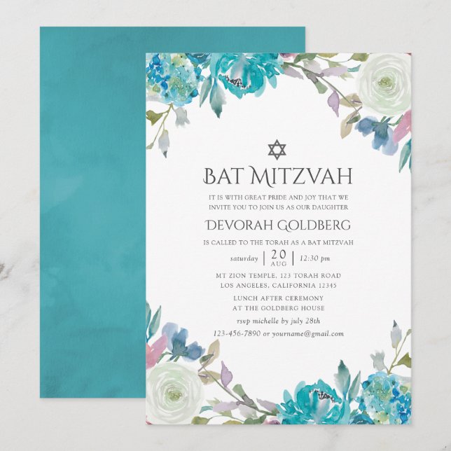 Convites Dusty Blue e Turquoise Floral Bat Mitzvah (Frente/Verso)