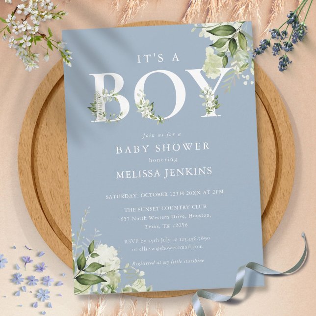 Convites Dusty Blue É Um Chá de fraldas De Letra Verde Meni (Dusty Blue Its A Boy Greenery Letter Baby Shower Invitation)