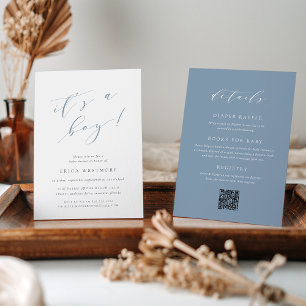 Convites Dusty Blue "É um menino" Tudo em um Chá de fraldas