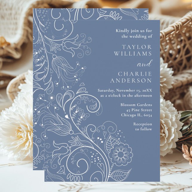Convites Dusty Blue Elegant Floral Wedding (Criador carregado)