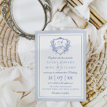 Dusty Blue Elegant Vintage Rosas Crest Casamento