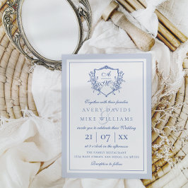 Convites Dusty Blue Elegant Vintage Rosas Crest Casamento
