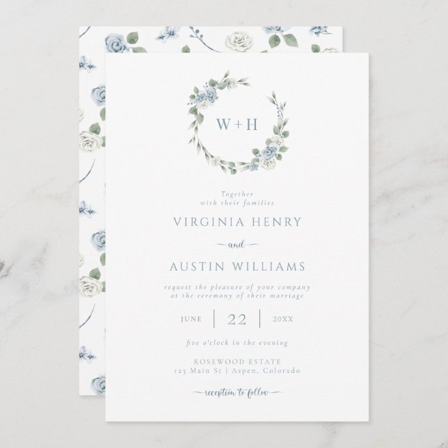 Convites Dusty Blue Elegant Wedding (Frente/Verso)