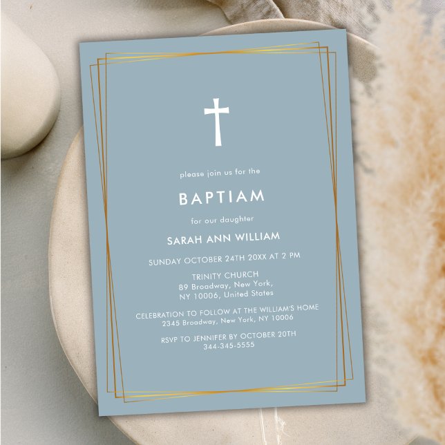 Convites Dusty Blue Elegante Tipografia Dourada Cruzada Bat (Dusty Blue Elegant Gold Typography Cross Baptism Invitation)