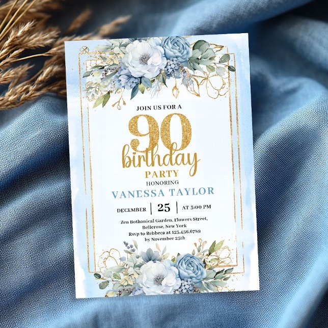 Convites Dusty Blue Eucalyptus 90th Birthday Elegant Invite (Dusty Blue Eucalyptus 90th Birthday Elegant Invitation Gold Frame)