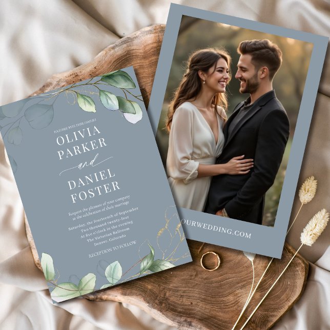 Convites Dusty Blue Eucalyptus Foto Greenery Casamento (Criador carregado)