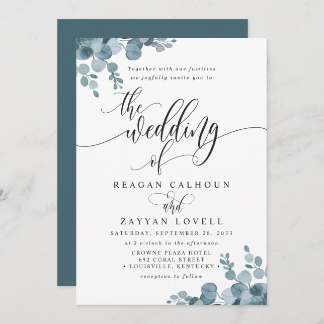 Convites Dusty Blue Eucalyptus Greenery Casamento (Frente/Verso)