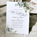 Convites Dusty Blue Eucalyptus Greenery Casamento<br><div class="desc">Esta elegante coleção apresenta folhas de cor aquosa misturada com folhas de cor verde pareadas com uma serifa clássica e fontes delicadas de sans a preto,  com um monograma no verso. Itens correspondentes disponíveis.</div>