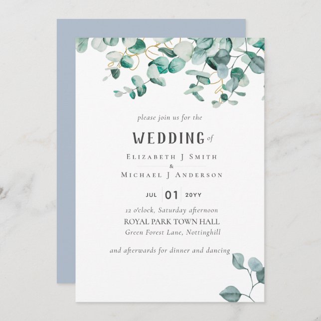 Convites Dusty Blue Eucalyptus Greenery WEDDING (Frente/Verso)