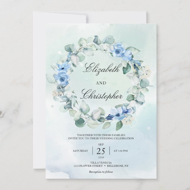 Convites Dusty Blue Eucalyptus Wreath Rustic Casamento (Frente)