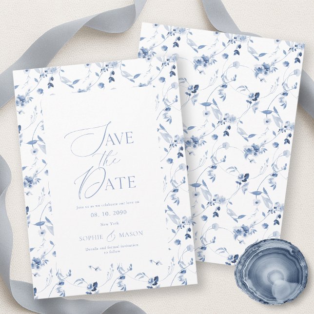 Convites Dusty Blue Fine Art Floral Save the Date Card (Criador carregado)