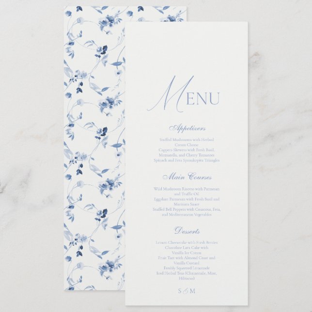 Convites Dusty Blue Fine Art Floral Wedding Menu  (Frente/Verso)