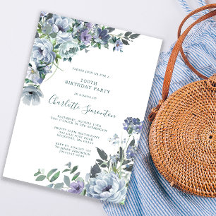 Convites Dusty Blue Floral 100ª Festa de Aniversário