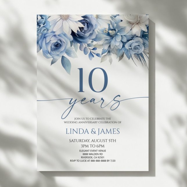 Convites Dusty Blue Floral 10th Wedding Anniversary (Criador carregado)
