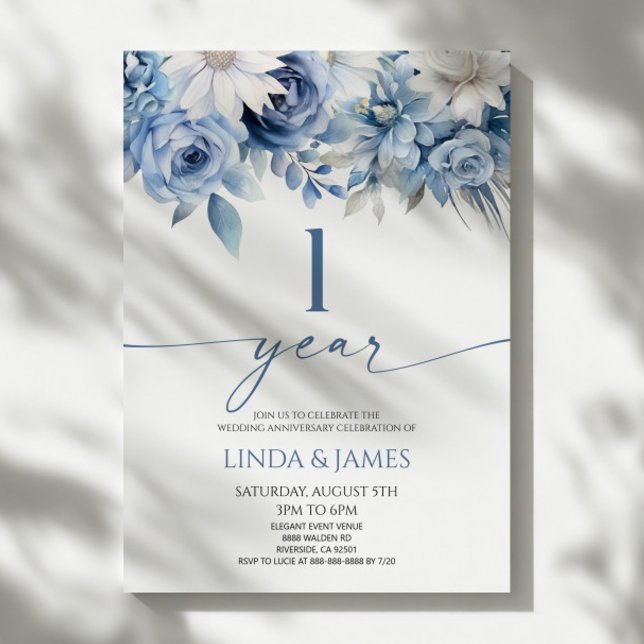 Convites Dusty Blue Floral 1st Wedding Anniversary (Criador carregado)