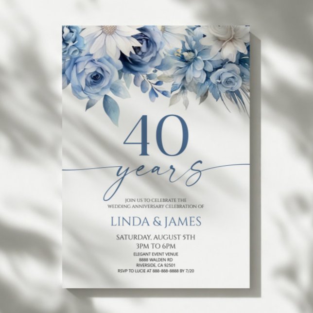 Convites Dusty Blue Floral 40th Wedding Anniversary (Criador carregado)