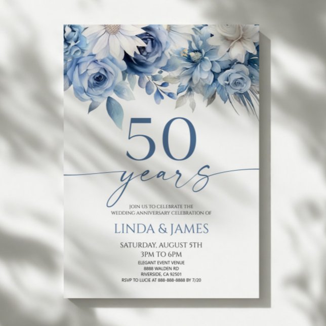 Convites Dusty Blue Floral 50th Wedding Anniversary (Criador carregado)