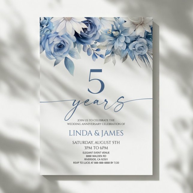 Convites Dusty Blue Floral 5th Wedding Anniversary (Criador carregado)